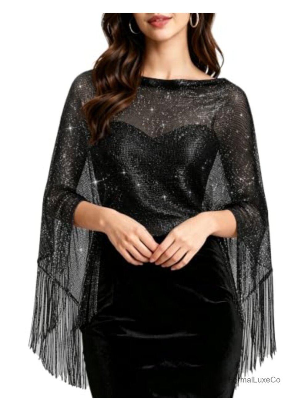 Sparkly Sheer Poncho Shawl Fringe Cape Evening Wrap One Size